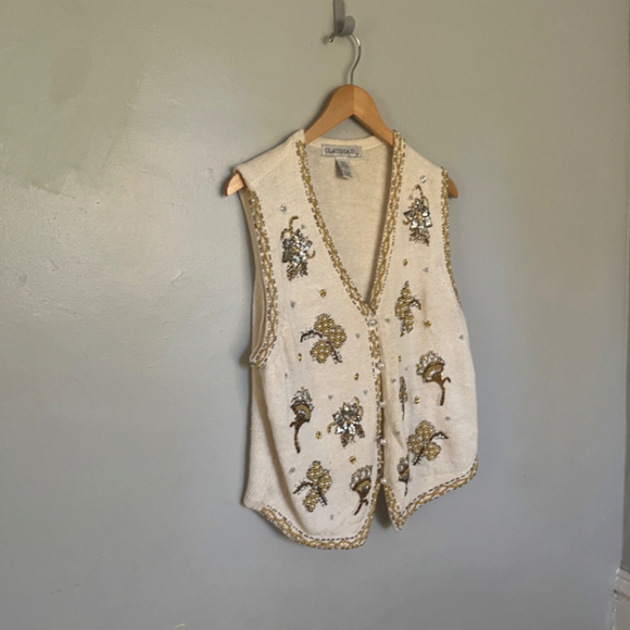 Vintage Claudia D. Cream Embellished Vest Large - Picture 7 of 8